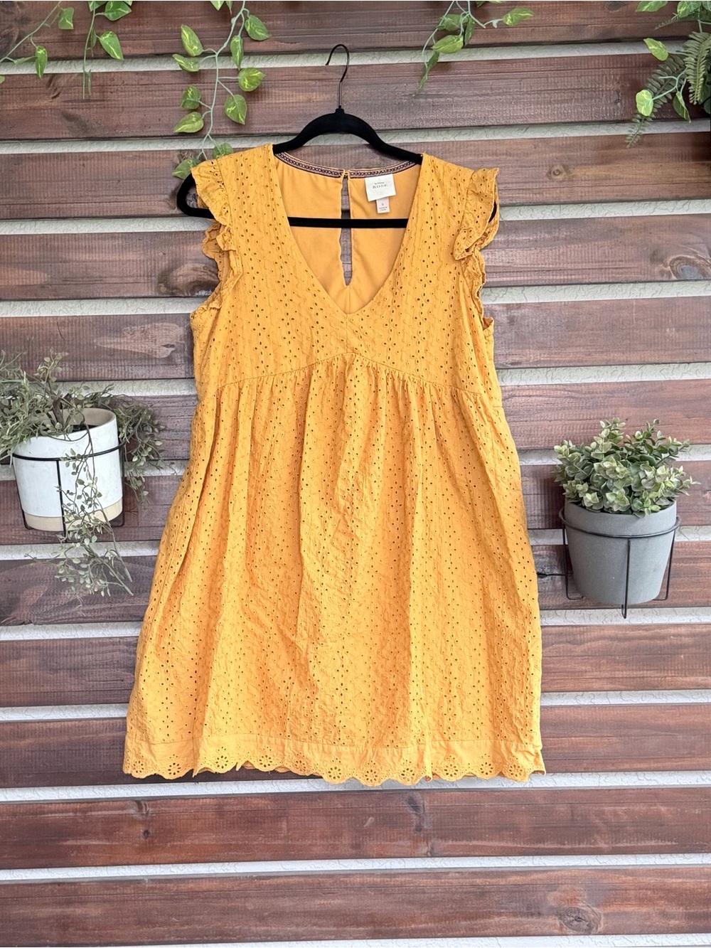 Knox Rose Women’s Small Mustard Yellow Eyelet Flutter Sleeve Boho Dress
